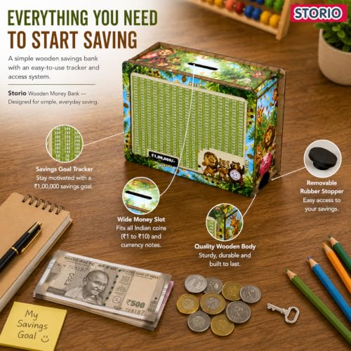 Image of Storio Wooden Money Bank with Lock, 1 Lakh Savings Goal Tracker