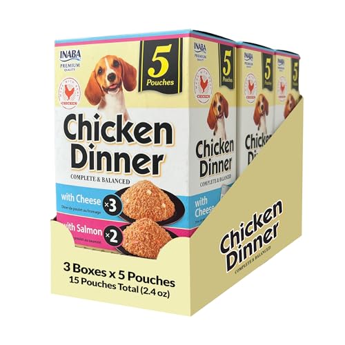 Image of INABA Chicken Dinner for Dogs, Soft Pate Wet Dog Food, Complete & Balanced, 2.4 oz. Pouch, 15 Pouches, Cheese & Salmon Variety