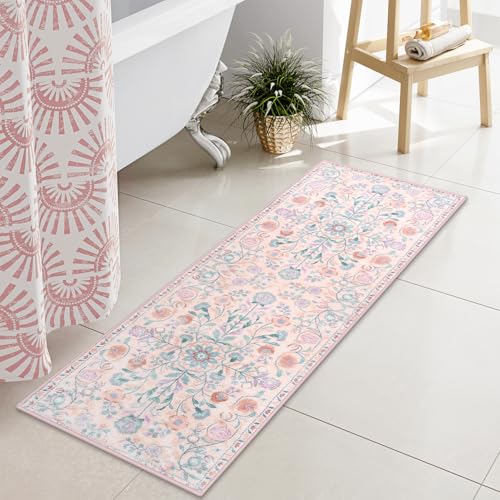 Uphome Bathroom Rug Runner Pink Floral Bath Mats Vinatge Ultra Soft Non Slip Bathroom Rugs Machine Washable Boho Farmhouse Medallion Shower Rug for Sink Tub Entryway, 18x47 inch by Uphome - Image 6