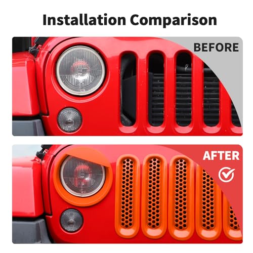 Image of JWWY Front Grille Insert Radiator Grille Grillwork Surround Assembly Inserts Headlight Headlamp Cover Trim Set Fit for 2007-2017 Jeep Wrangler JK JKU Exterior Accessories 9pcs Orange