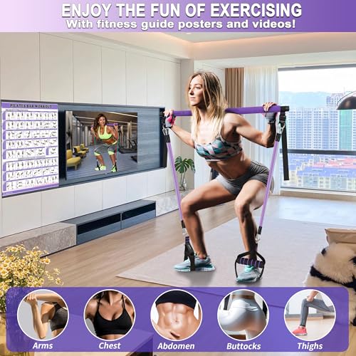 Image of Goocrun Portable Pilates Bar Kit with Resistance Bands for Men and Women - 3 Set Exercise Resistance Bands - Multifunctional Home Gym - Supports Full-Body Workouts - with Fitness Poster and Video