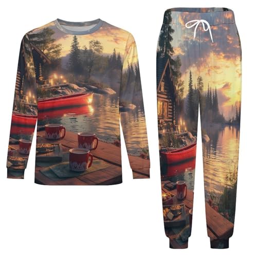 Lake Cabin Boat Men’s Pajama Set Long Sleeve Top And Pants Loungewear Sleepwear Pjs Nightwear3