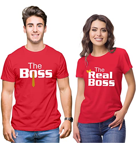 Image of Hangout Hub Hangout-Hub024$P Couple Tshirts for Couples | Printed The Boss The Real Boss T-Shirts | Men's and Women's Round Neck T-Shirt (Pack of 2, Cotton, Half Sleeves)