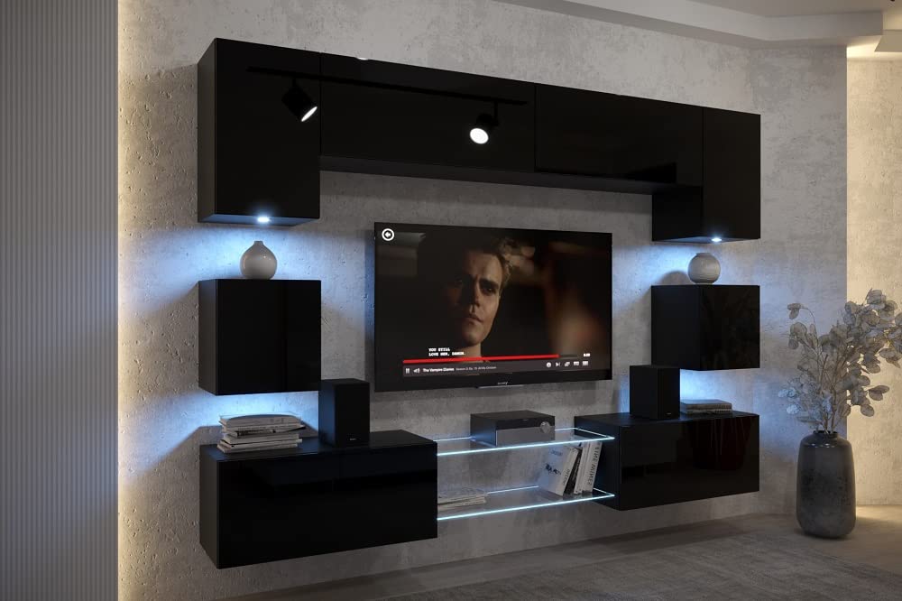 Furnitech NOWARA ANX1 ścianka na media, szafka ścienna, meblościanka z oświetleniem LED, meble do salonu, meblościanka (LED RGB (16 kolorów), ANX1-17DZB-HGM-35-1A)