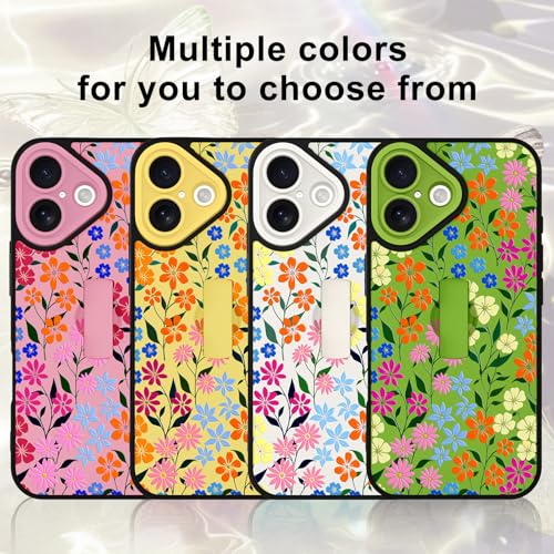 Image of for iPhone 16 Case with Finger Strap Holder, Cute Colorful Floral Flower Print Pattern Design for Women Girls, Shockproof Anti Scratch Hand Kickstand Protective Cover, Green