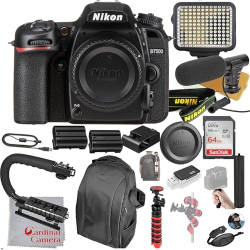 Nikon D7500 DSLR Camera Body Only Video Bundle + LED Video Light + Microphone + Ultra Speed 64GB Memory (24pc Bundle)