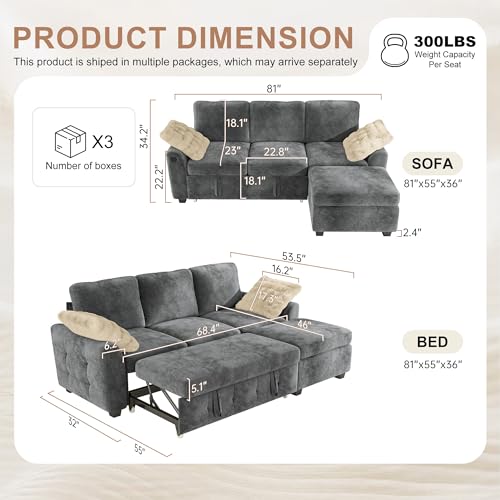 Image of Hanherry 81 inch Sectional Couch with Pull Out Sofa Bed,Chenille Sleeper Sofa with Storage Ottoman & USB Charging,Comfy L Shaped Modular Couches for Living Room,Apartment