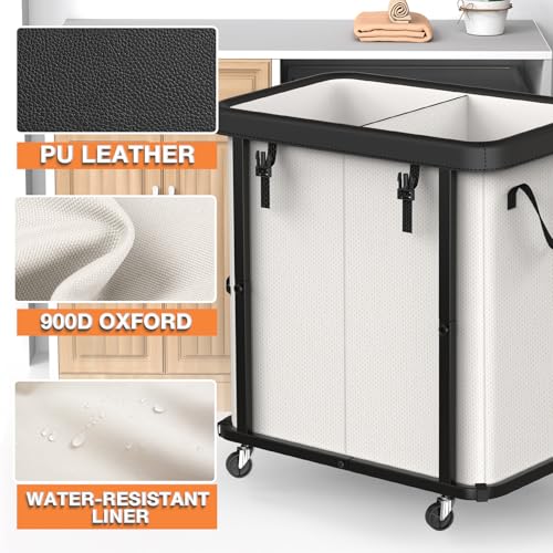 Image of 190L (50 Gal) Large Fashion Laundry Basket with Wheels,Leather Patchwork Rolling Hamper Carts, Sturdy Metal Frame, Removable Washable Bag, Tall Clothes Sorter for Bedroom, Laundry Room-Beige