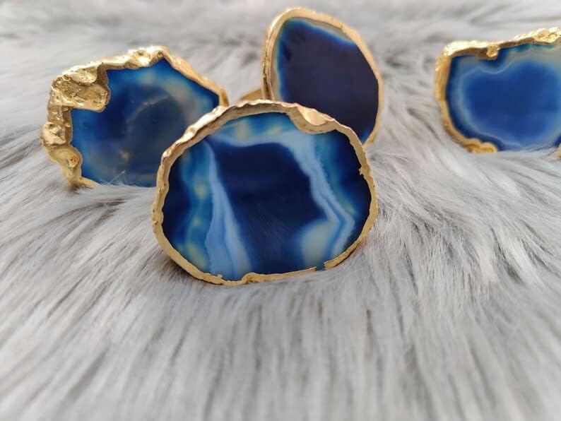 Natural Agate Stone Gold Foiled Edges Natural Shape Napkin Rings Table Décor by MR.STONECREATIONS (Gold, Set of 8)
