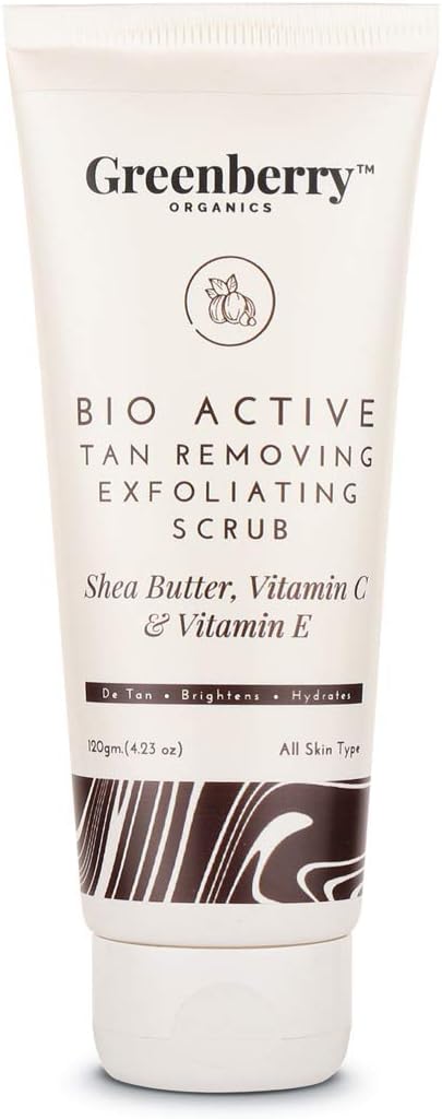 Greenberry Organics Bio Active Tan Removal & Exfoliating Scrub, Shea Butter, Vitamin C & E, Brightening, Lightening, Unisex & All Skin Types, 120 Grams