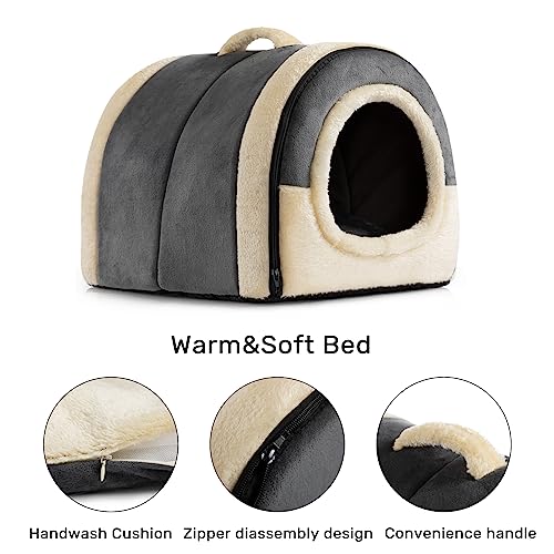Hollypet Katzenbett Kleines Hundebett, 2-in-1 Faltbare Haustierbett für Katzen & Kleine Hunde, Warmes Höhlennest Kristallsamt-Katzenhöhle Indoor Outdoor, Dunkelgrau