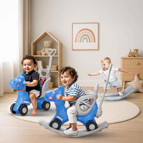Image of Baybee 3 in 1 Baby Rocking Horse Ride on Toy Car for Kids | Baby Rocking Chair with Parental Handle, Balance Board & Safety Belt | Horse Rider for Kid | Push Ride on Car for Kid 1-3 Years (Dark Blue)