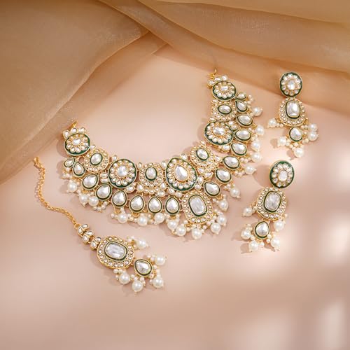 Image of Rubans Necklace Maangtikka Set Gold Plated Kundan & Pearl Jewellery Gift for Women & Girls