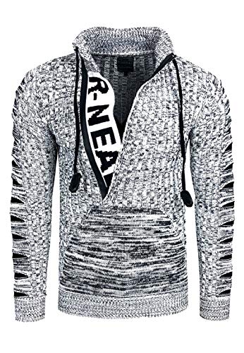 Rusty Neal Zipper Stehkragen Pullover Herren Strick Grobstrick Strickpullover Langarm 328, Farbe:Weiß, Größe:M