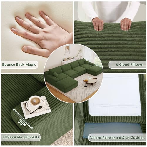 Image of 136 inch Cloud Couch Modular Sectional Sofa for Living Room, U-Shape Boneless Couch with Deep Seat, Modern Corduroy 4-Seater with Ottomans, No Assembly Required, Green