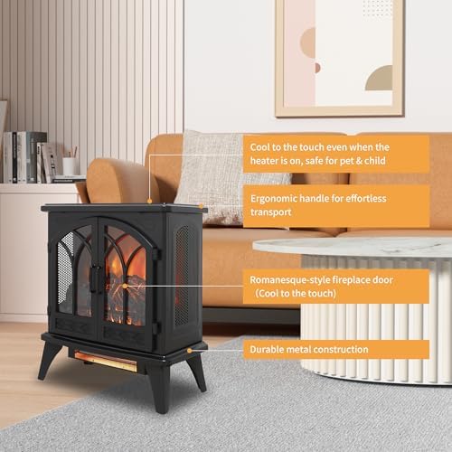 24" Electric Fireplace, Freestanding Fireplace Heater w/Realistic Flame, Remote, Timer, Adjustable Brightness, Thermostat, Overheating Protection, 1500W, Black - Thumbnail 4