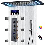 WHSHOWER Matte Black Shower System Digital Display Full Body Shower System with 16 x 26 Inch Ceiling Rain LED Shower Head, Handheld Shower and 6 PCS Body Jets