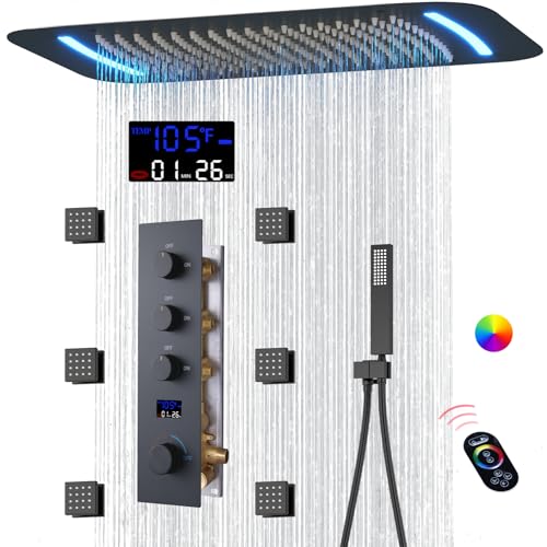 WHSHOWER Matte Black Shower System Digital Display Full Body Shower System with 16 x 26 Inch Ceiling Rain LED Shower Head, Handheld Shower and 6 PCS Body Jets