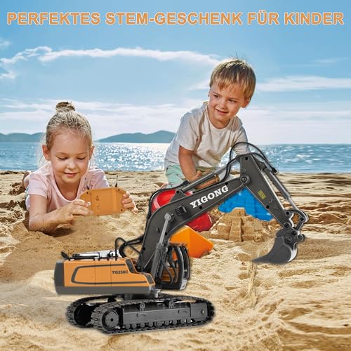 Siereolly Ferngesteuerter Bagger, 2,4 GHz RC Bagger Spielzeug für Kinder Jungen, mit Metall Schaufel, 680° Drehung, Lichtern und Toneffekte, 2 * 1200mAh Rechargeable Batterien