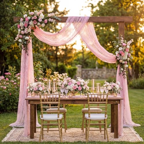 Image of HunnmingRe Pink Wedding Arch Draping Fabric Summer 2 Panel 30 inch X18ft Lace Wedding Arch Drapery Embroidered Boho Rustic Backdrop Vintage Decor for Bridal Shower Church Ceremony Decoration (Pink)