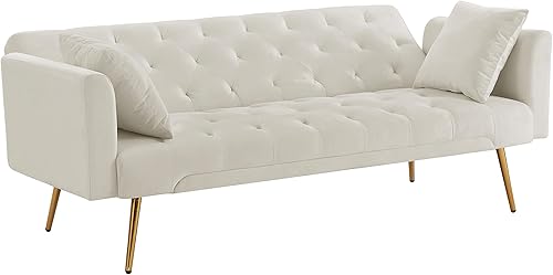 Miniatura 8 de Sofá cama futón de terciopelo de 72 pulgadas, sofá cama plegable convertible, moderno sofá biplaza reclinable copetudo con patas cromadas doradas