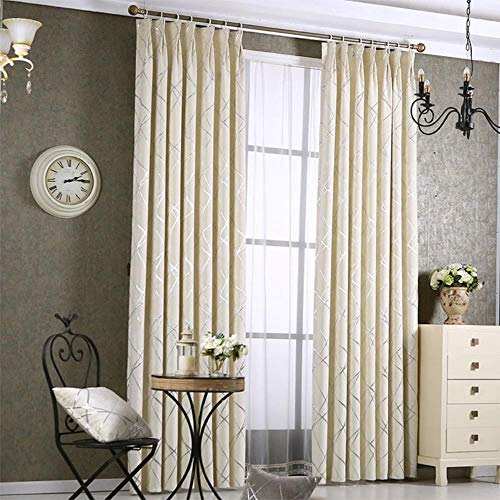 PENVEAT Rideaux Gris Chenille Modernes pour Rideaux géométriques en Tissu de pour Salon, Traitement de fenêtre de tentes de Lignes d'argent, Ivoire, W150cmxL270cm, Poche pour Tige