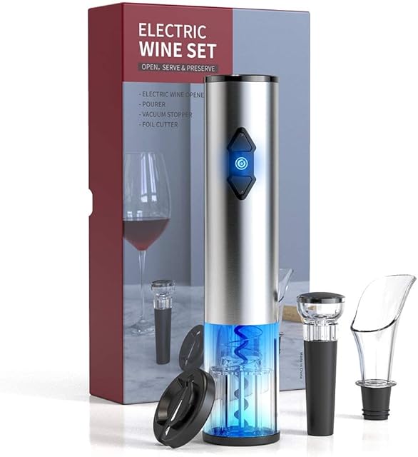 CIRCLE JOY Electric Wine Bottle Openers Set, Battery Operated Wine Opener Kit, Cordless Automatic Corkscrew Combo with Attached Foil Cutter Vacuum Stopper Wine Aerator Pourer, Stainless Steel