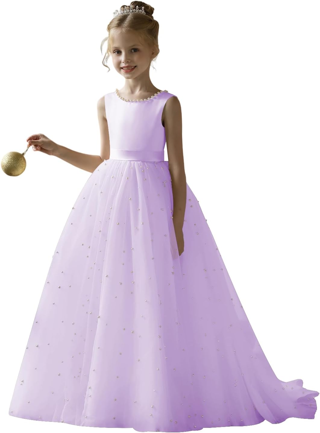 Flower Girl Dress for Wedding Puffy Tulle Satin Princess Gowns with Pearls Bow Knot 2-14