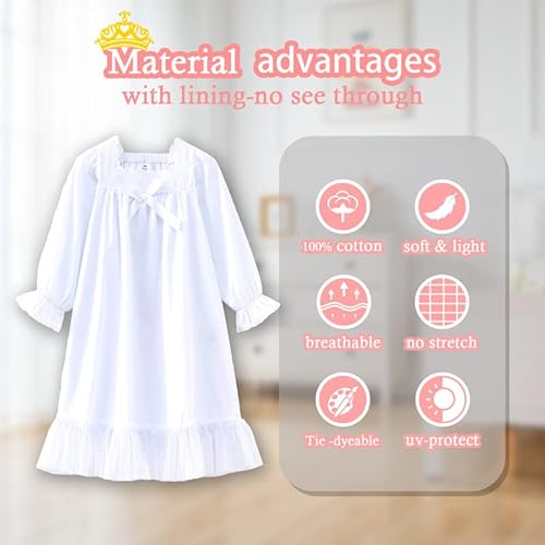 610 You Summer Nightgowns For Toddler Girls, White Cotton Vintage Long Sleeve Princess Pajama Dresses For Girl, 4-5T #TOP3