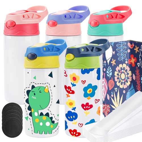 Joyclub 5 Pack Kids Sublimation Tumbler with Lid and Straw 12 oz Kids Sublimation Water Bottles Stainless Steel Cups for DIY Insulated Tumbler Heat Press Print