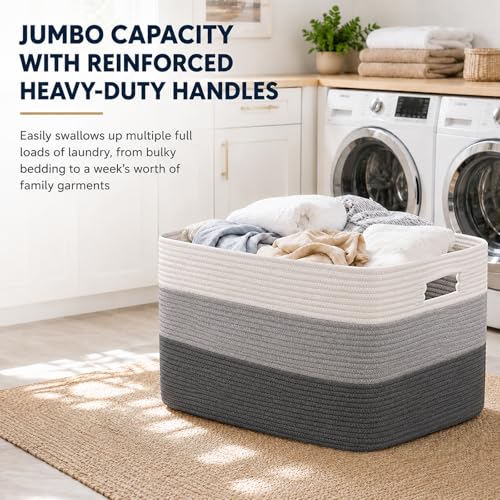 Image of OIAHOMY Large Blanket Basket For Living Room, Rectangle Woven Baskets for Storage, Nursery Toy Storage With Handle-22 inchx17 inchx12 inch-Gradient Dark Grey