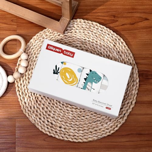 Image of Gllquen Baby Bassinet Sheets 4 Pack, Breathable Cozy Fitted Mattress Sheet | 32 inchx16 inch Soft Baby Sheets for Boys Girls, Compatible with Halo, Snoo, Uppababy, Universal fitted,Baby Gift, Dinosaur