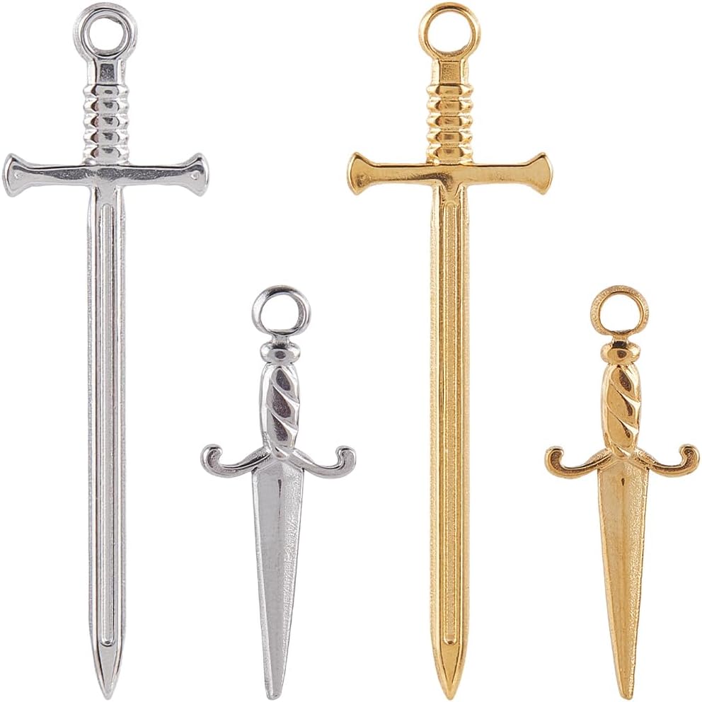 SUNNYCLUE 1 Box 16Pcs 4 Styles Real 18K Gold Plated Sword Charms Bulk Small Dagger Charms Silver Stainless Steel Knife Weapon Dangle Pendants for Jewelry Making Supplies Bookmarks Necklace Crafts DIY