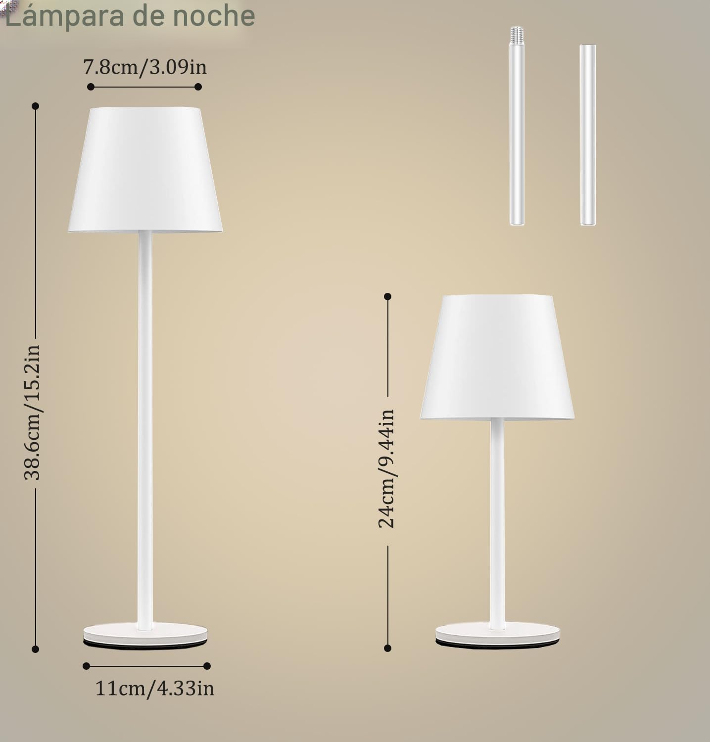 Lamparas de Mesita de Noche sin Cable 2 Piezas, 38CM Metal Lampara Inalambrica de Mesa Escritorio Recargable con Batería 5200mAh, IP54,USB C,Portatil,para Dormitorio Salon,3 modos, Regulable
