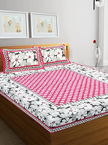 Image of RajasthaniKart Pure 100% Cotton Double Bed Sheet with 2 Pillow Covers (Bedsheet for Double Bed Cotton, Pink,Floral)