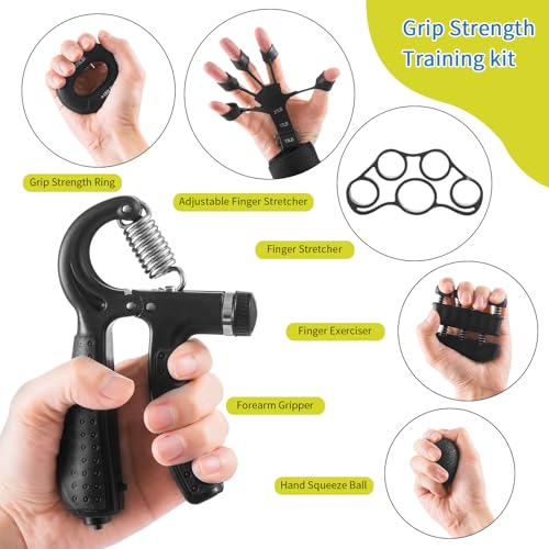 Hand Grip Strength Trainer Kit - 5 Pack with Adjustable Resistance with 2 Finger Extenders Finger Exerciser Forearm Workout Ring Exercise Equipment Gray