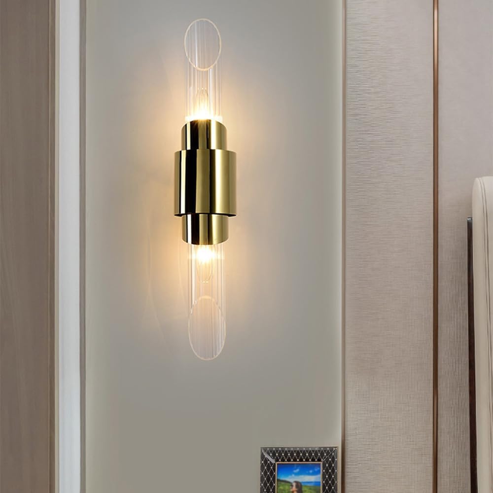 Lampa ścienna, nowoczesna, długa lampa ścienna ze szkła, oświetlenie wewnętrzne up-down do łazienki, chromowane/złote, 2 światła, prążkowane przezroczyste szkło, liniowe do sypialni