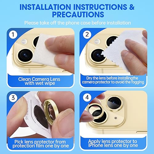 Image of Glass Camera Lens Protector Compatible For Iphone 15 /15 Plus,Individual Metal Ring 9H Hardness Scratchproof Protector,Stylish Accessories,Case Friendly(Yellow)