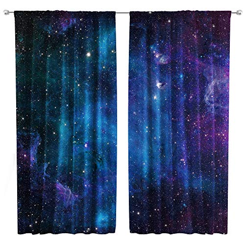 Riyidecor Blue Galaxy Curtains Space Rod Pocket (2 Panels 52 x 63 Inch) Kids Boys Nebula Cool Universe Starry Sky Black Trippy Psychedelic Planet Living Room Bedroom Window Drapes Treatment Fabric
