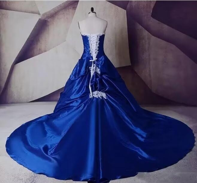 Sweetheart A line Satin Tulle Wedding Dresses Royal Blue White Lace Applique Corset Back 20254