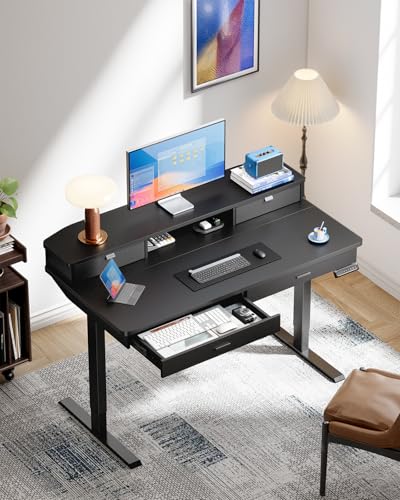 Image of HUANUO 48 x 30 inch Electric Standing Desk with 2 Wood Drawers, Adjustable Height Sit Stand Desk for Home Office, Ergonomic Stand up Desk with 4 Memory Presets, 176 lbs Capacity, Black Top