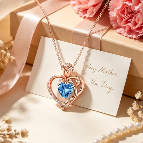 JACUPO Heart Birthstone Rose Gold Necklace for Women(03 - Aquamarine) — view 4