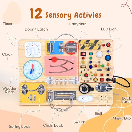 Image of 25 in 1 Busy Board with 13 LED Light Switches and 12 Activity, Montessori Toys for 1 2 3 Years Old, Wooden Sensory Board, Toddlers Travel Toys for 1+ Year Old Boy & Girl Birthday Gift(Extra-Large)