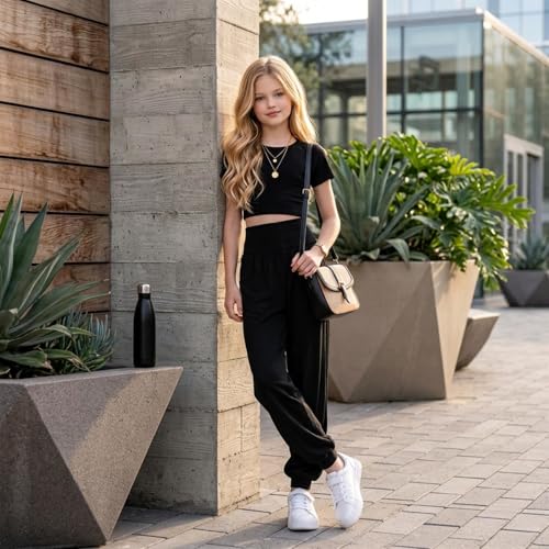 Conjunto de crop top neón y leggings de camuflaje negros para niñas de 7 a 8 años 6