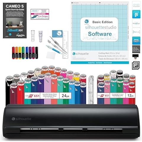 Silhouette Cameo 5 Vinyl Bundle- 36 Sheets of Vinyl, Vinyl Tool Kit, Premium Blade, Pens, and Cameo 5 Start Up Guide with Extra Designs (Matte Black) Cover