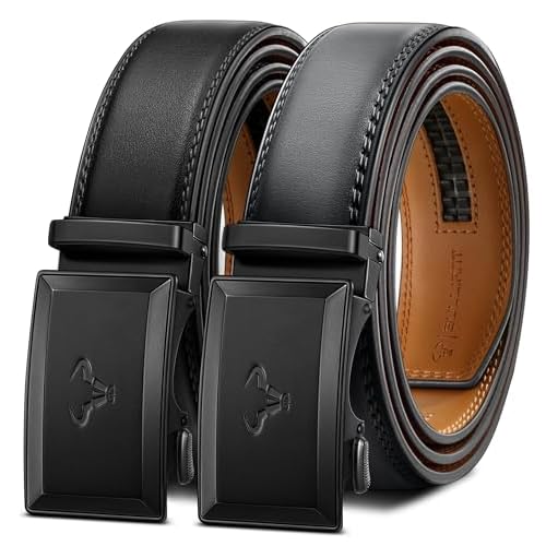 BULLIANT Men Ratchet Belt 2 Pack, Click Sliding Leather Belt Adjustable for Gift Men Dress Casual Jeans 1 3/8,Cut for Fit