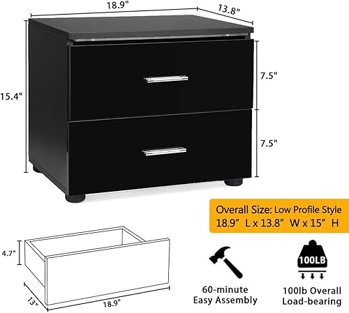Miniatura 2 de HOMMPA Mesita de noche pequeña con 2 cajones, mesita de noche LED negra, mesita de noche moderna con luz LED para dormitorio de niños, mesa de noche
