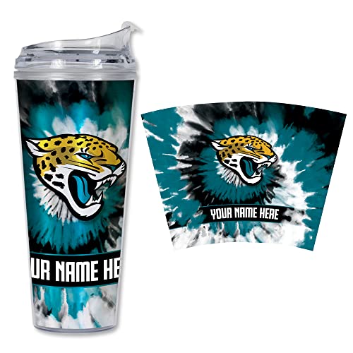 Rico Industries NFL Football Jacksonville Jaguars Metallic Tie Dye Personalized 24oz Acrylic Tumbler W/Hinged Lid - Team Colored Metallic Art Plastic Travel Tumbler - Keeps Drinks Cold or Hot