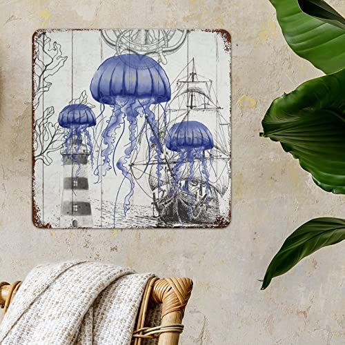 Ocean Decor French Vintage Sign Beach Theme Ocean Jellyfish Retro Style Metal Tin Sign Coastal Coral Metal Tin Plaque Farmhouse Decor Art for Front Porch Living Room Bedroom 12x12in - Image 2