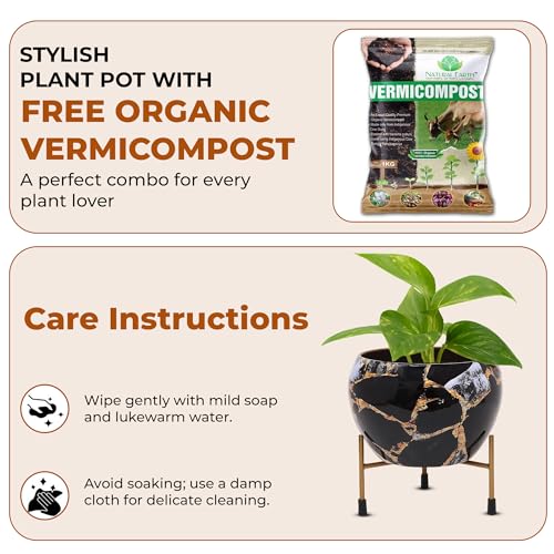 Image of Natural Earth Metal Flower Vase Planter Pot with Iron Stand | Decorative Plant Cachepot for Indoor & Outdoor Use | Succulent Pot for Home & Garden Decor (Marble Black)